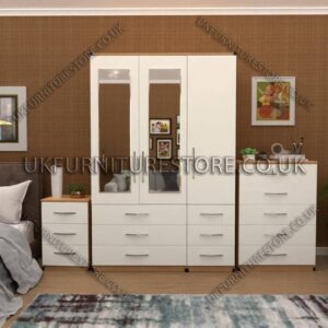 Front White Side Oak 3 Door Wardrobe Set With 2 Mirrors and 6 Bottom Drawers