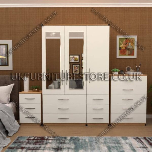 Front White Side Oak 3 Door Wardrobe Set With 2 Mirrors and 6 Bottom Drawers
