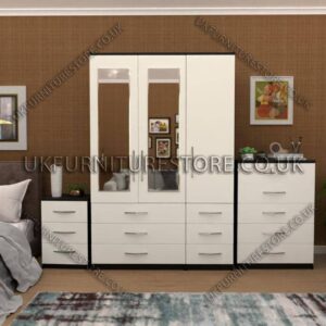 Front White Side Black 3 Door Wardrobe Set With 2 Mirrors and 6 Bottom Drawers
