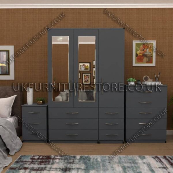 Gray 3 Door Wardrobe Set With 2 Mirrors and 6 Bottom Drawers