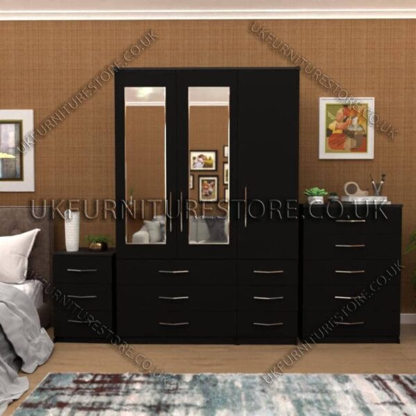 Black 3 Door Wardrobe Set With 2 Mirrors and 6 Bottom Drawers