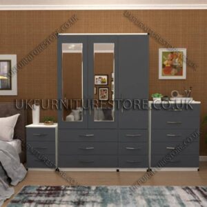 Front Gray Side White 3 Door Wardrobe Set With 2 Mirrors and 6 Bottom Drawers
