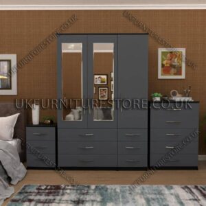 Front Gray Side Black 3 Door Wardrobe Set With 2 Mirrors and 6 Bottom Drawers