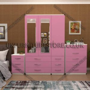 Front Pink Side White 3 Door Wardrobe Set With 2 Mirrors and 6 Bottom Drawers