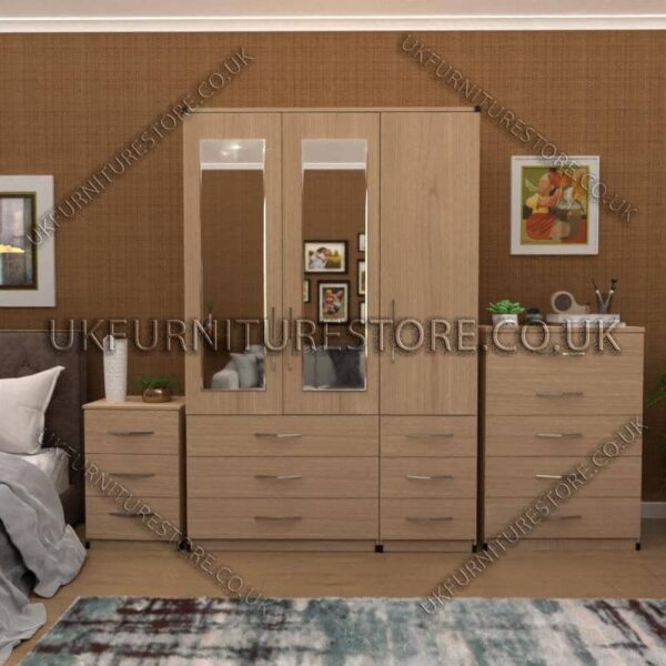 Oak 3 Door Wardrobe Set With 2 Mirrors and 6 Bottom Drawers