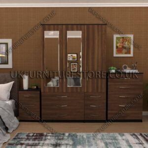 Front Walnut Side Black 3 Door Wardrobe Set With 2 Mirrors and 6 Bottom Drawers