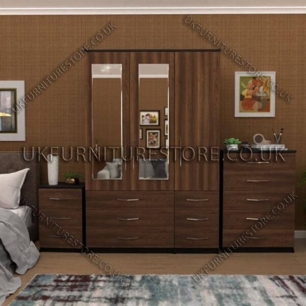 Front Walnut Side Black 3 Door Wardrobe Set With 2 Mirrors and 6 Bottom Drawers