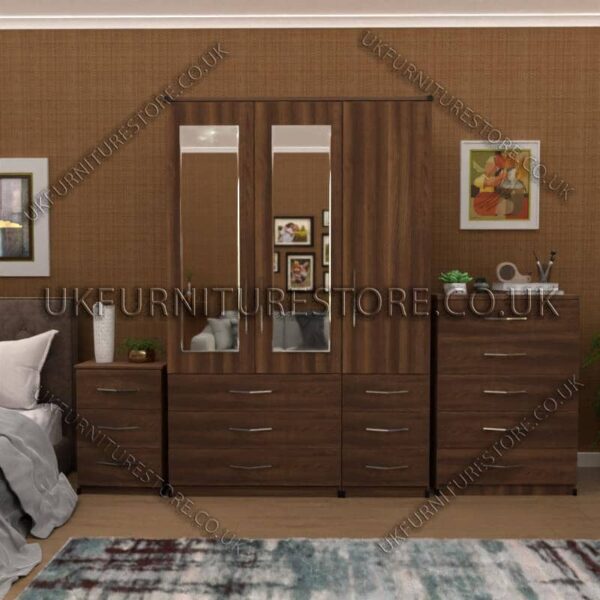 Walnut 3 Door Wardrobe Set With 2 Mirrors and 6 Bottom Drawers