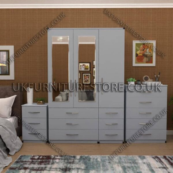 Silver 3 Door Wardrobe Set With 2 Mirrors and 6 Bottom Drawers