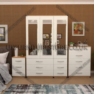 Front White Side Oak 3 Door Wardrobe Set With 3 Mirrors and 6 Bottom Drawers