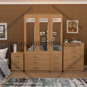 Beech 3 Door Wardrobe Set With 3 Mirrors and 6 Bottom Drawers