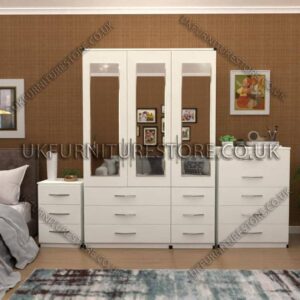 White 3 Door Wardrobe Set With 3 Mirrors and 6 Bottom Drawers