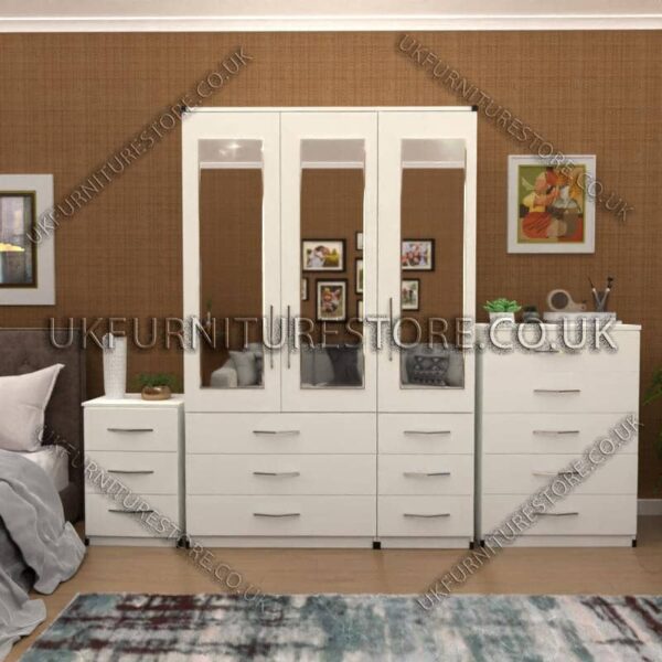 White 3 Door Wardrobe Set With 3 Mirrors and 6 Bottom Drawers