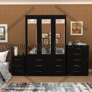 Black 3 Door Wardrobe Set With 3 Mirrors and 6 Bottom Drawers