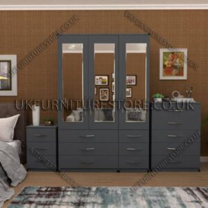 Gray 3 Door Wardrobe Set With 3 Mirrors and 6 Bottom Drawers