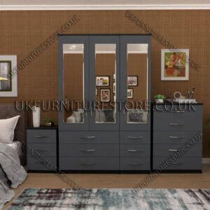 Front Gray Side Black 3 Door Wardrobe Set With 3 Mirrors and 6 Bottom Drawers