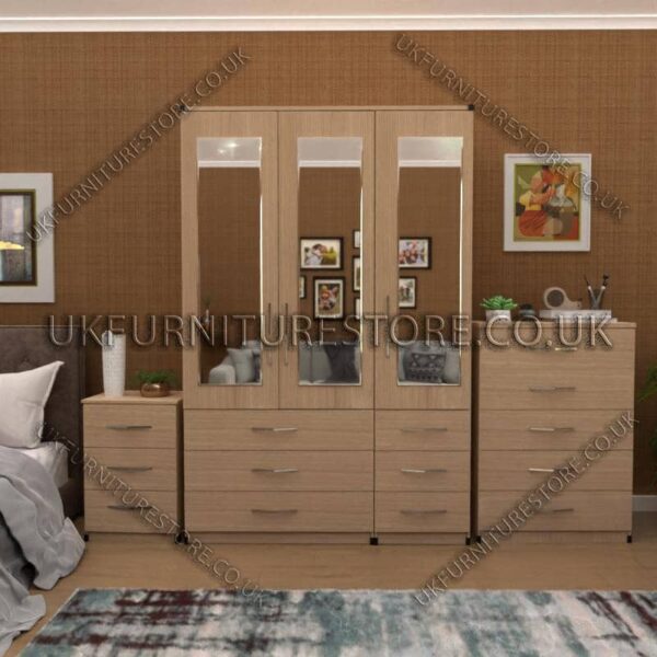 Oak 3 Door Wardrobe Set With 3 Mirrors and 6 Bottom Drawers