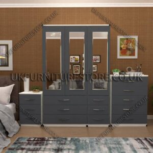 Front Gray Side White 3 Door Wardrobe Set With 3 Mirrors and 6 Bottom Drawers