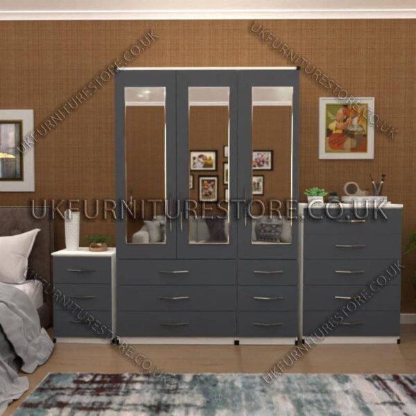 Front Gray Side White 3 Door Wardrobe Set With 3 Mirrors and 6 Bottom Drawers