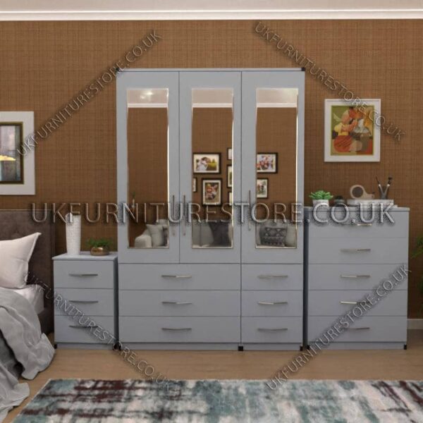 Silver 3 Door Wardrobe Set With 3 Mirrors and 6 Bottom Drawers