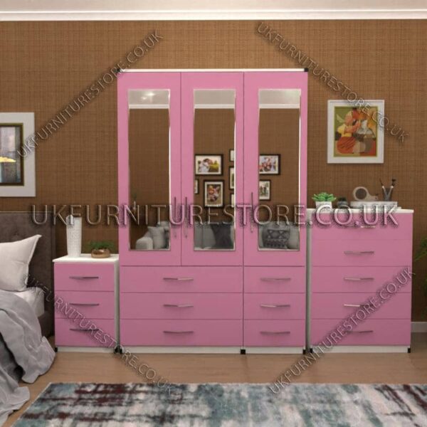 Front Pink Side White 3 Door Wardrobe Set With 3 Mirrors and 6 Bottom Drawers