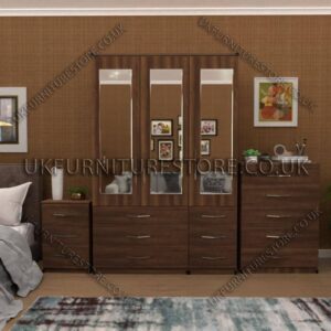 Walnut 3 Door Wardrobe Set With 3 Mirrors and 6 Bottom Drawers