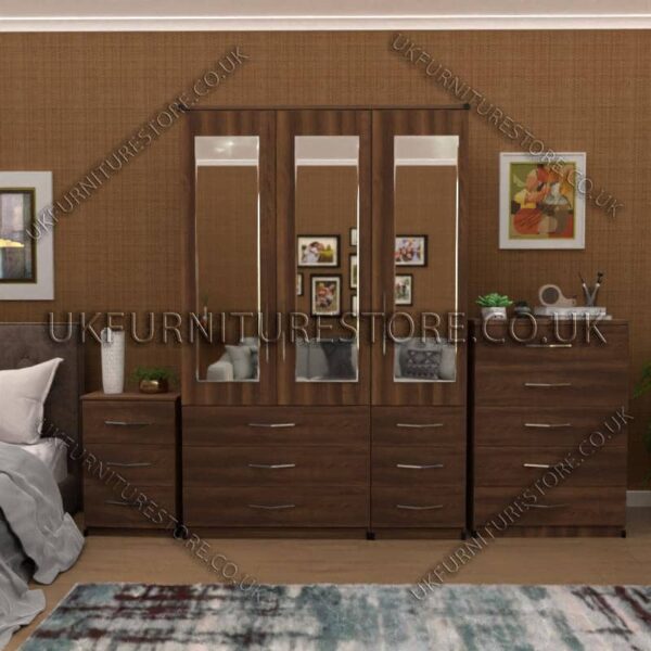 Walnut 3 Door Wardrobe Set With 3 Mirrors and 6 Bottom Drawers
