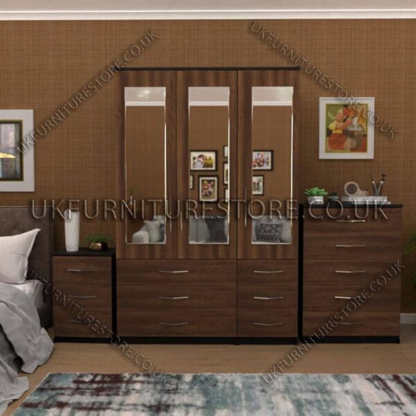 Front Walnut Side Black 3 Door Wardrobe Set With 3 Mirrors and 6 Bottom Drawers