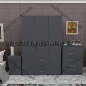 Gray 3 Door Wardrobe Set With 3 Bottom Drawers and Chest Drawer
