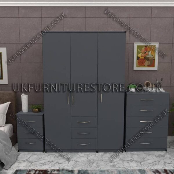 Gray 3 Door Wardrobe Set With 3 Bottom Drawers and Chest Drawer
