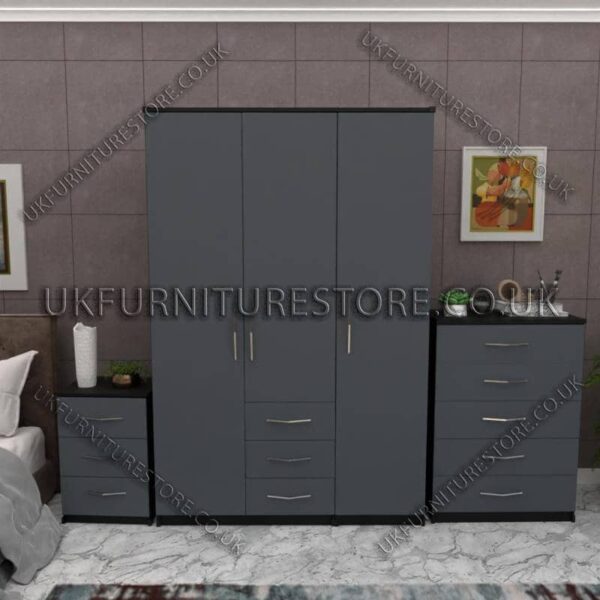 Front Gray Side Black 3 Door Wardrobe Set With 3 Bottom Drawers and Chest Drawer