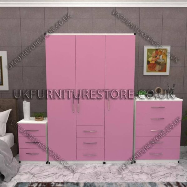 Front Pink Side White 3 Door Wardrobe Set With 3 Bottom Drawers and Chest Drawer