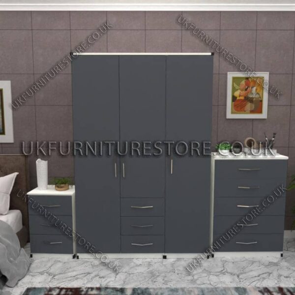 Front Gray Side White 3 Door Wardrobe Set With 3 Bottom Drawers and Chest Drawer