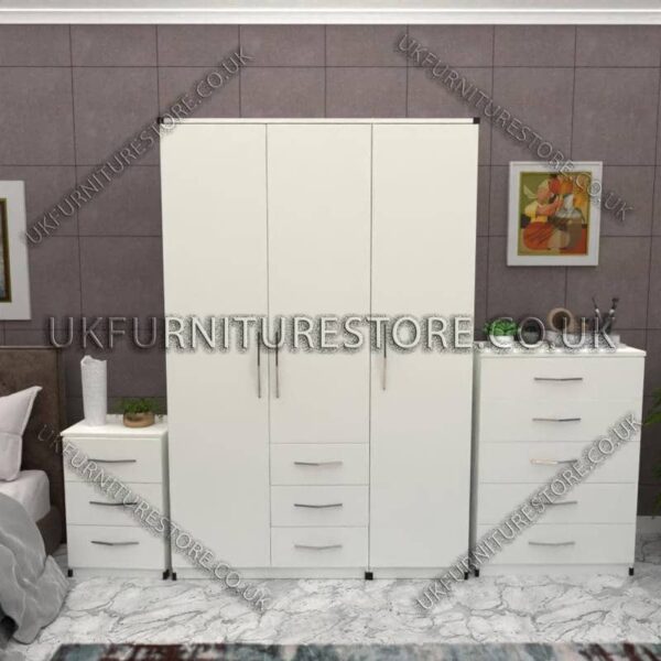 White 3 Door Wardrobe Set With 3 Bottom Drawers and Chest Drawer