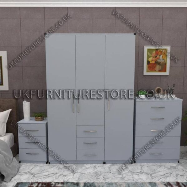 Silver 3 Door Wardrobe Set With 3 Bottom Drawers and Chest Drawer
