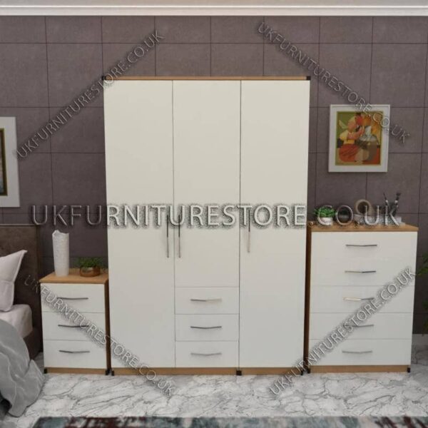 Front White Side Oak 3 Door Wardrobe Set With 3 Bottom Drawers and Chest Drawer