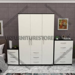 Front White Side Black 3 Door Wardrobe Set With 3 Bottom Drawers and Chest Drawer