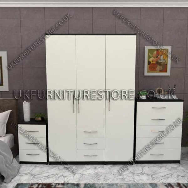 Front White Side Black 3 Door Wardrobe Set With 3 Bottom Drawers and Chest Drawer