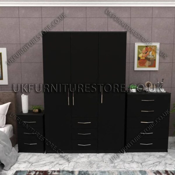 Black 3 Door Wardrobe Set With 3 Bottom Drawers and Chest Drawer