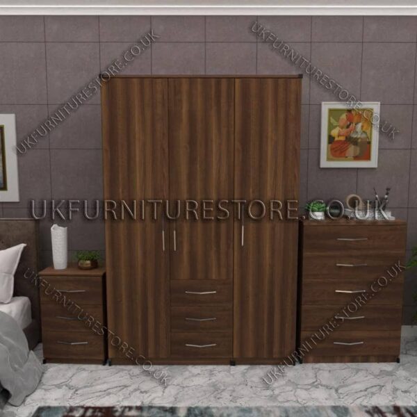 Walnut 3 Door Wardrobe Set With 3 Bottom Drawers and Chest Drawer