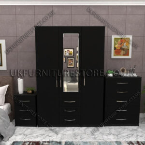 Black 3 Door Wardrobe Set With 1 Mirror and 3 Bottom Drawers