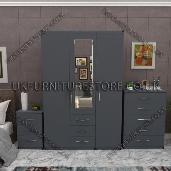 Silver 3 Door Wardrobe Set With 1 Mirror and 3 Bottom Drawers