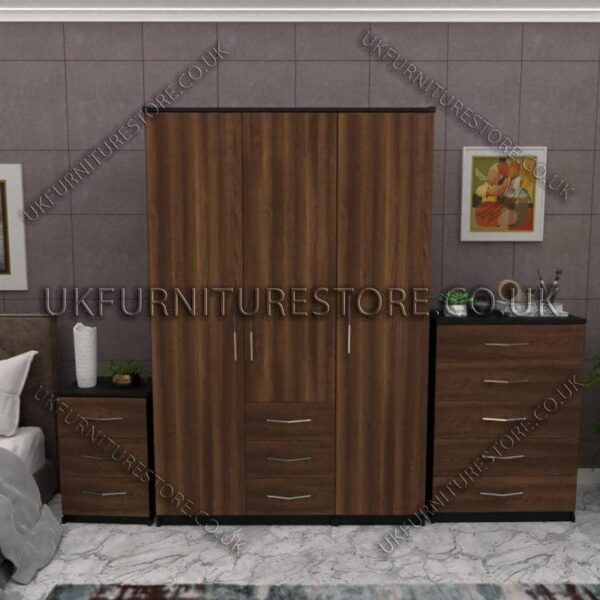 Front Walnut Side Black 3 Door Wardrobe Set With 3 Bottom Drawers and Chest Drawer