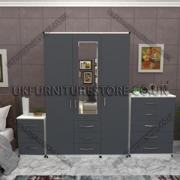 Front Gray Side White 3 Door Wardrobe Set With 1 Mirror and 3 Bottom Drawers