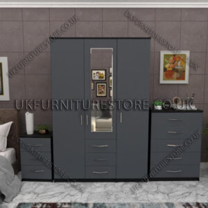 Front Gray Side Black 3 Door Wardrobe Set With 1 Mirror and 3 Bottom Drawers