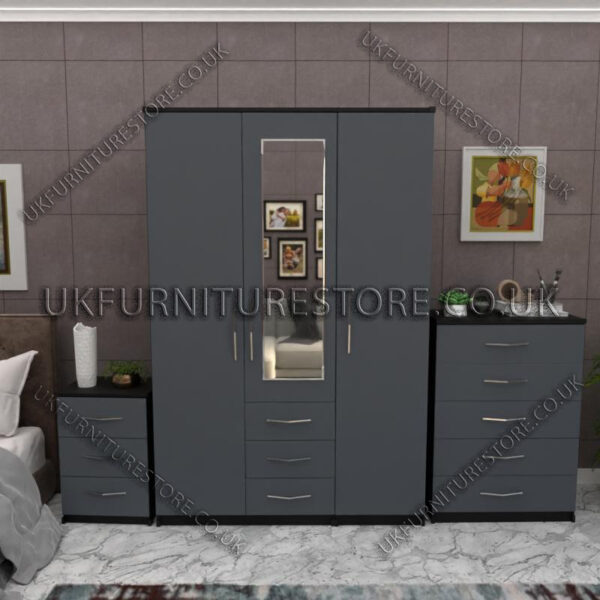 Front Gray Side Black 3 Door Wardrobe Set With 1 Mirror and 3 Bottom Drawers