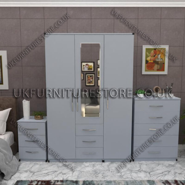 Silver 3 Door Wardrobe Set With 1 Mirror and 3 Bottom Drawers