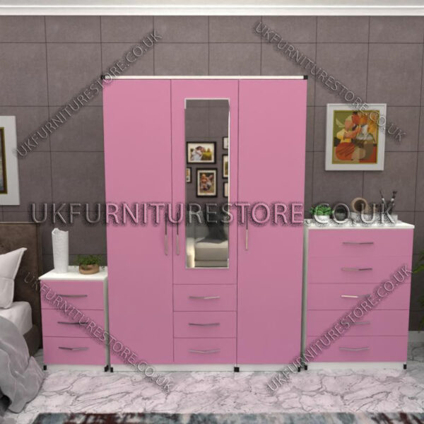 Front Pink Side White 3 Door Wardrobe Set With 1 Mirror and 3 Bottom Drawers