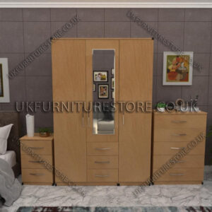 Beech 3 Door Wardrobe Set With 1 Mirror and 3 Bottom Drawers