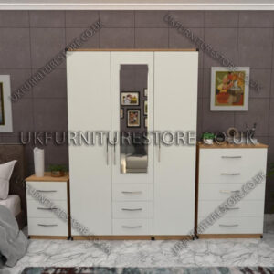Front White Side Oak 3 Door Wardrobe Set With 1 Mirror and 3 Bottom Drawers
